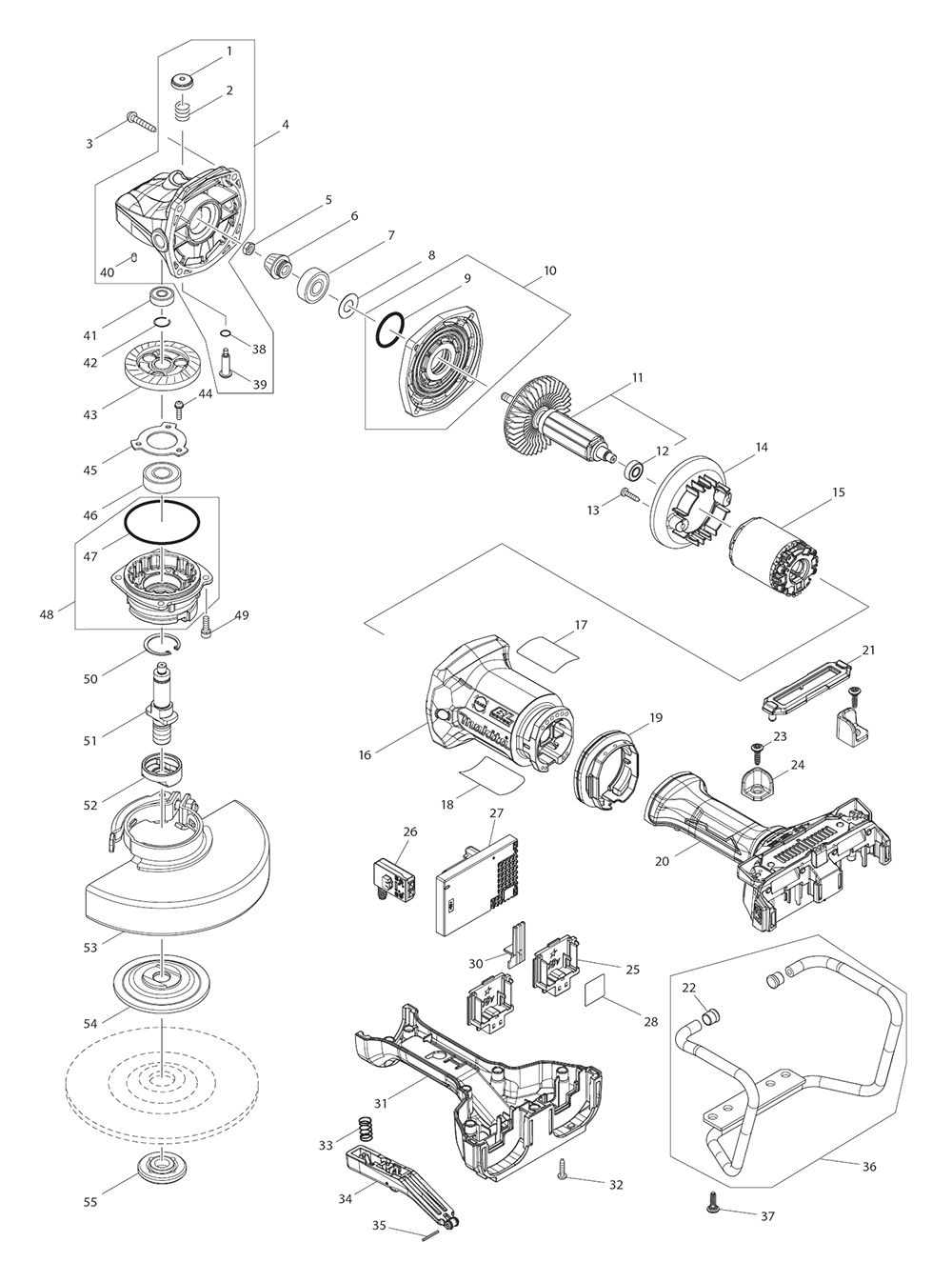 Page 1 Diagram and Parts List for XAG12PT1  Makita Grinder