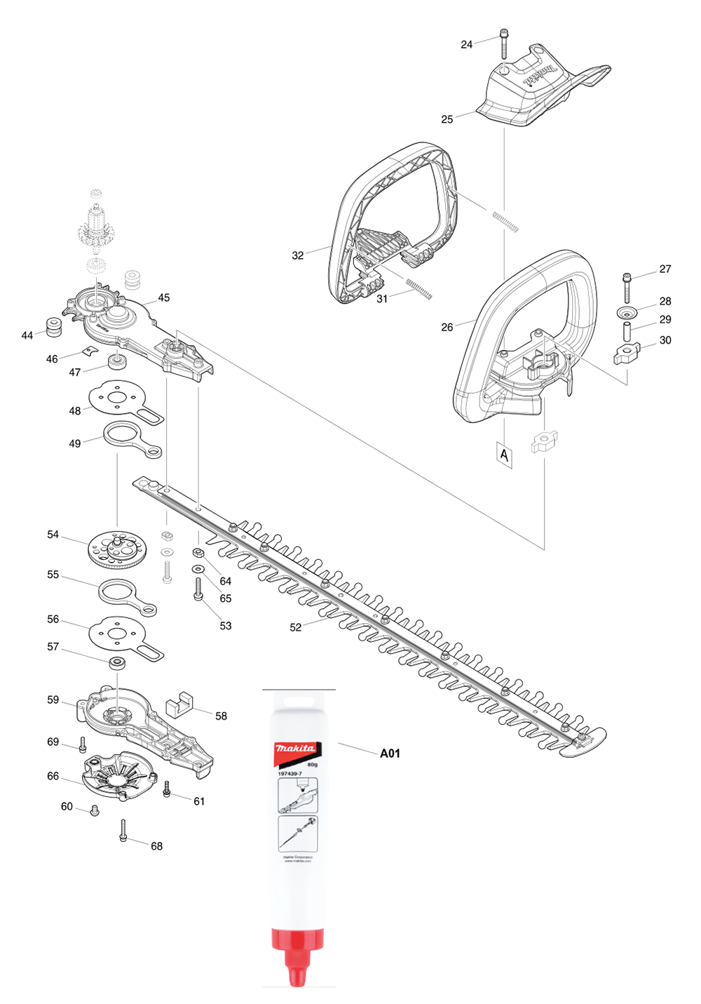 Fig-1 Diagram and Parts List for XHU07Z  Makita Hedge Trimmer