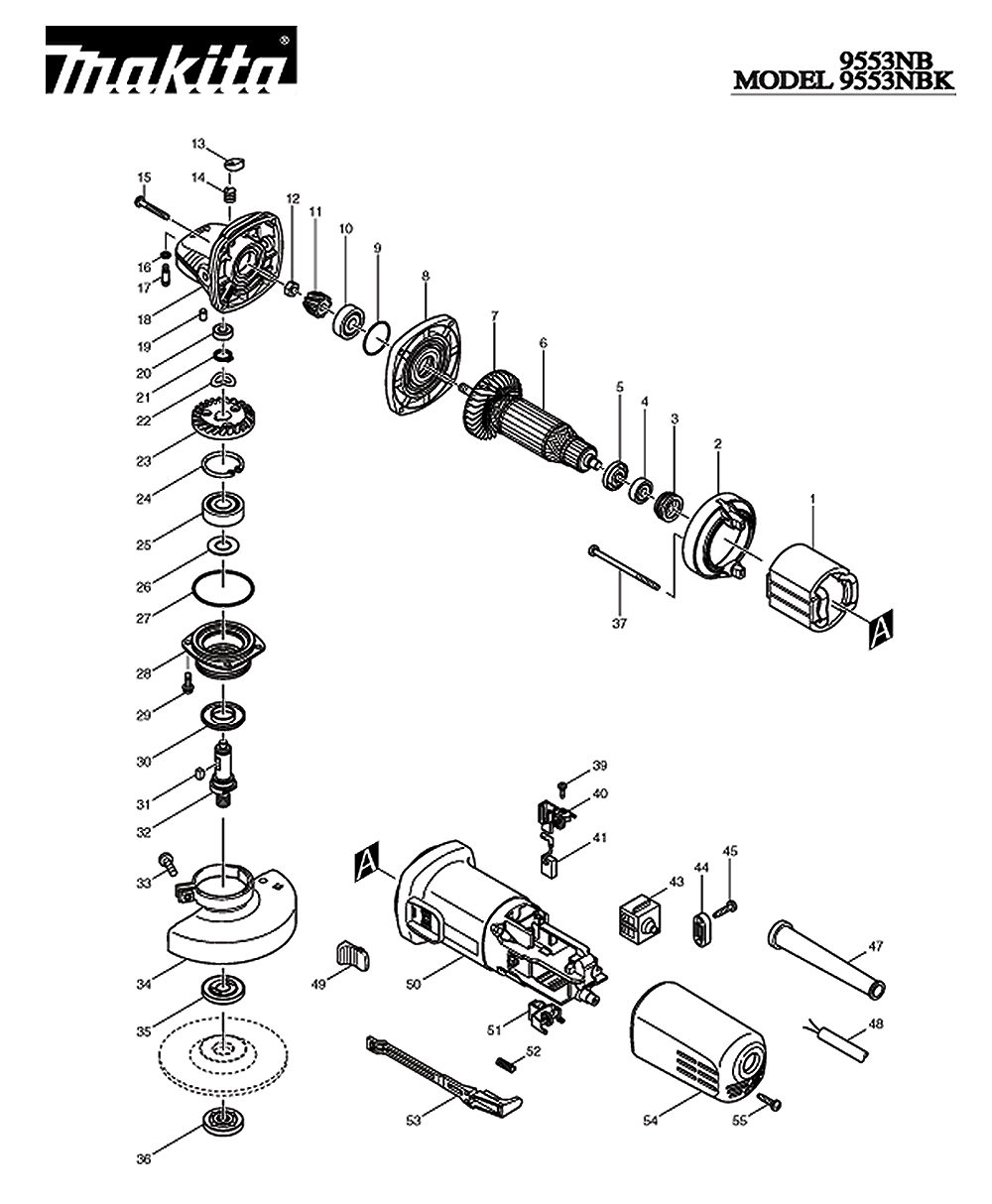 Page 1 Diagram and Parts List for 9553NBK  Makita Grinder
