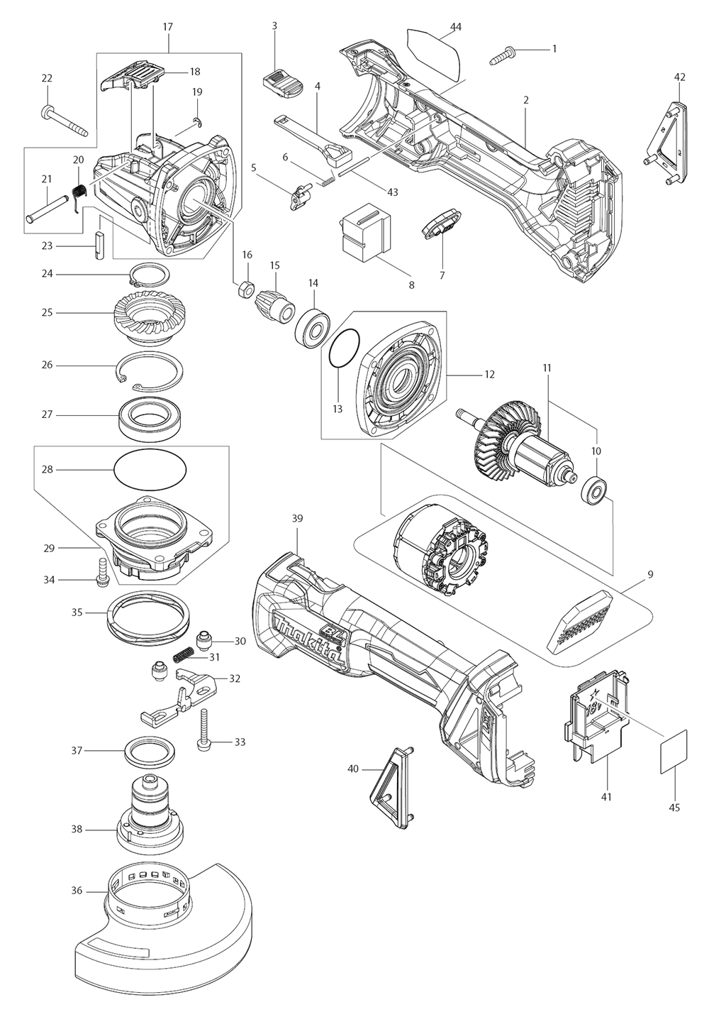 Fig-0 Diagram and Parts List for XAG25Z  Makita Angle Grinder
