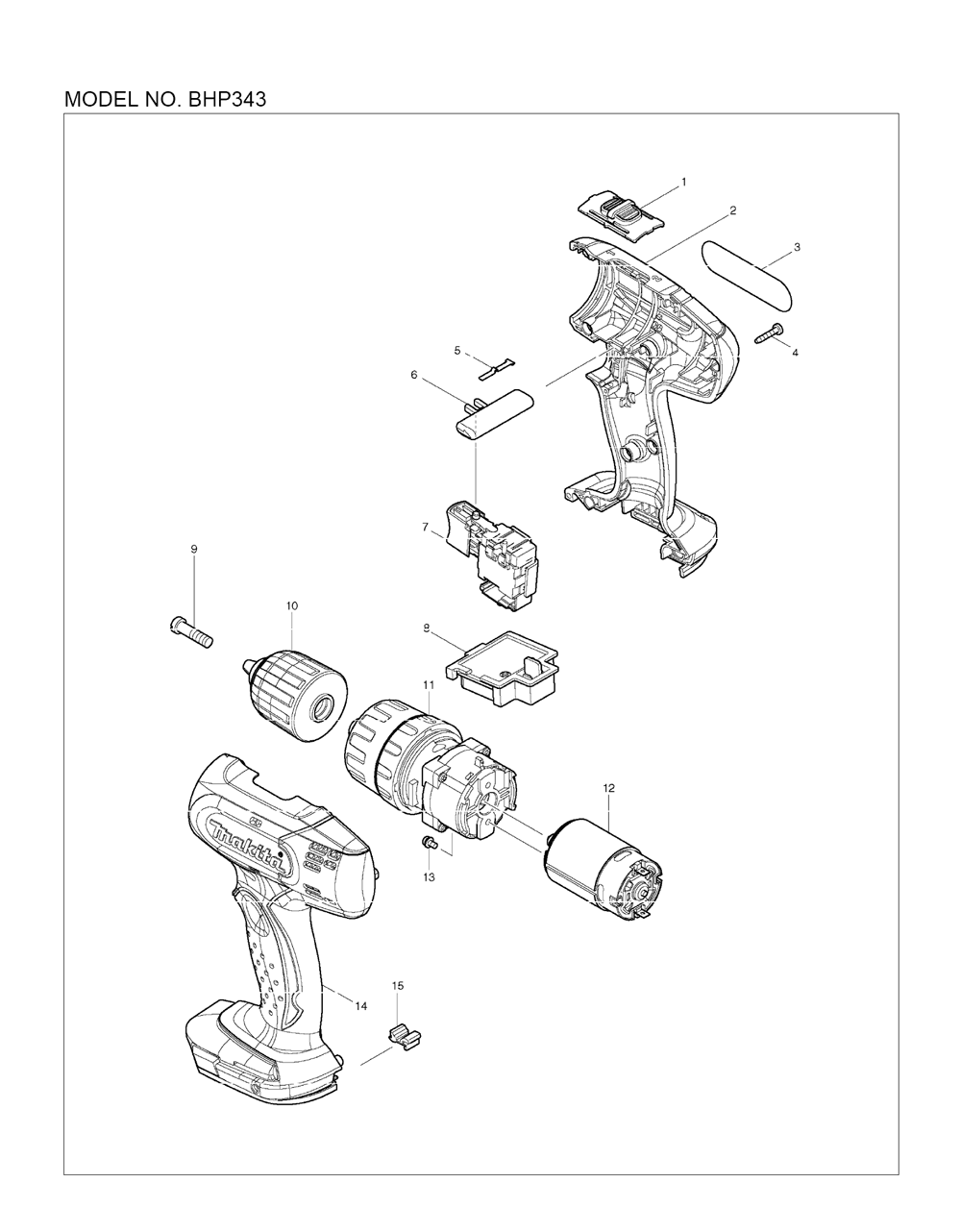 Page 1 Diagram and Parts List for BHP343  Makita Drill