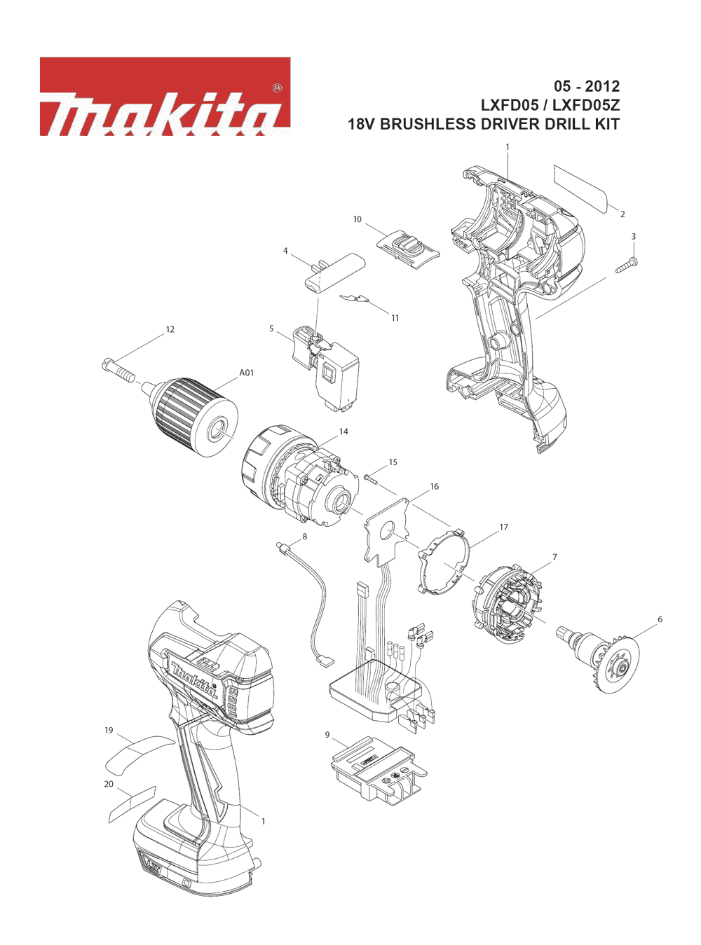 Page 1 Diagram and Parts List for LXFD05 Type 1 Makita Drill
