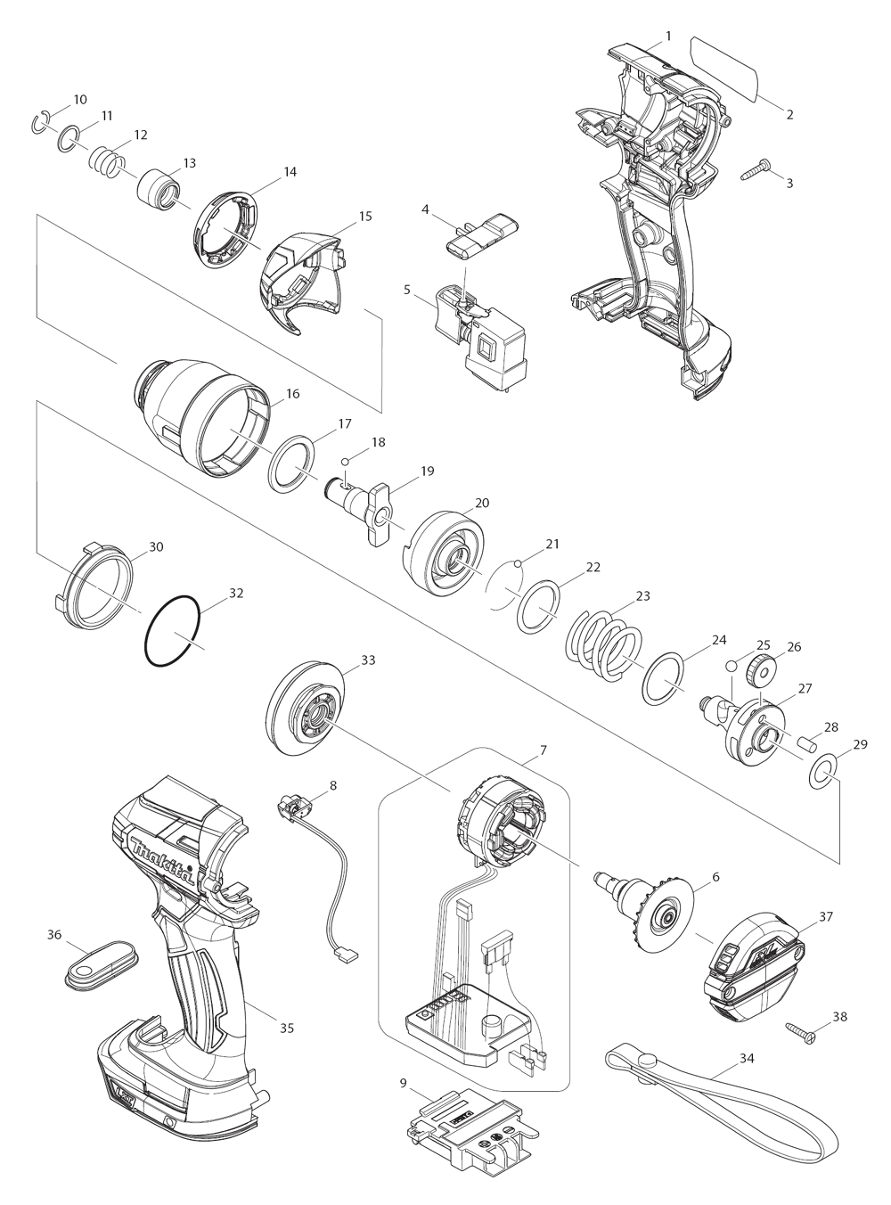 Page 1 Diagram and Parts List for XDT09Z  Makita Drill