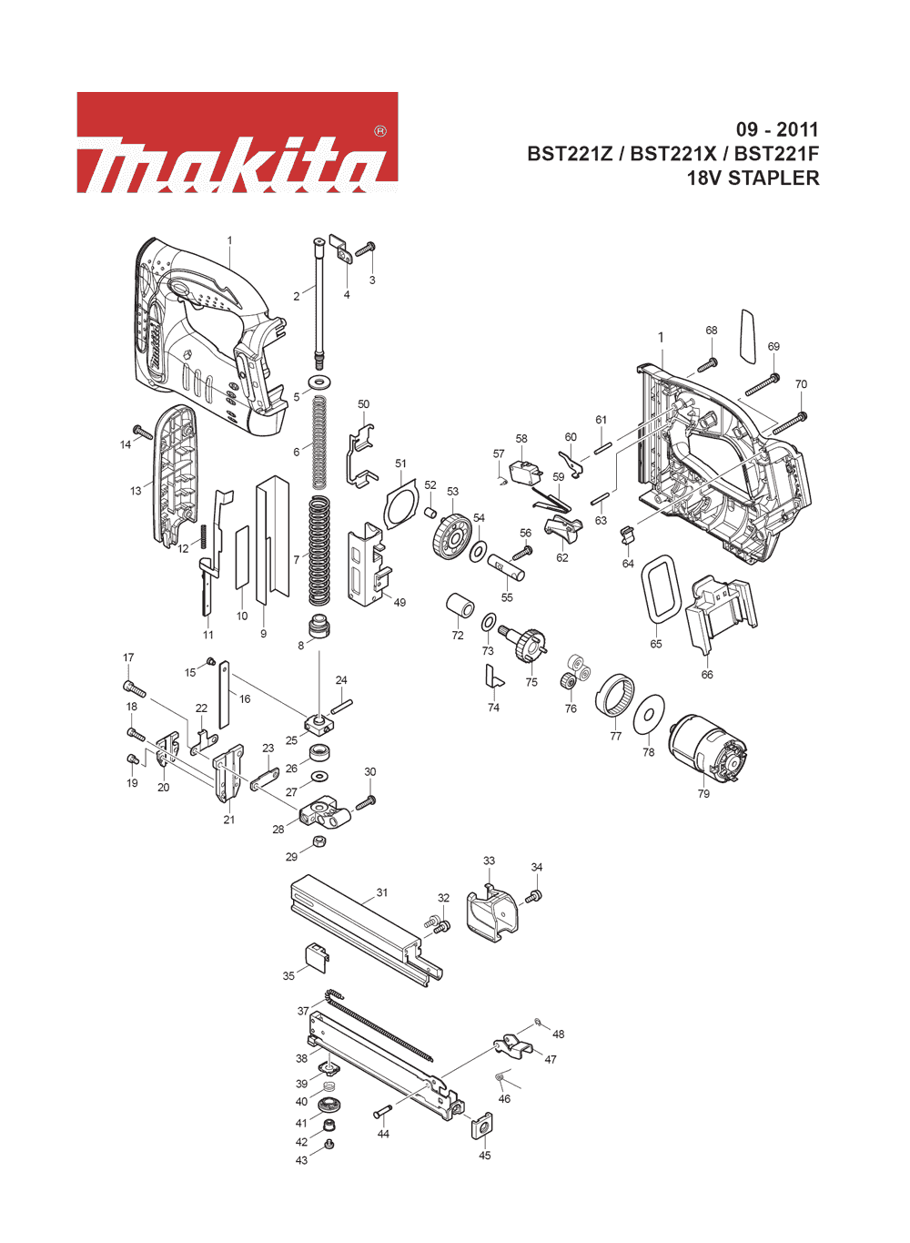 Page 1 Diagram and Parts List for BST221Z Type 2 Makita Nailer