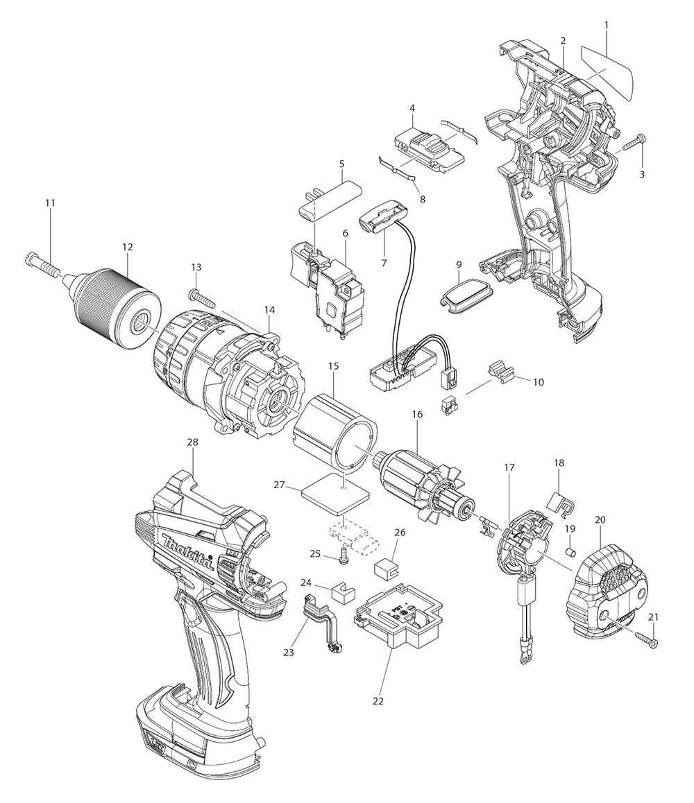 Page 1 Diagram and Parts List for XFD03M  Makita Drill