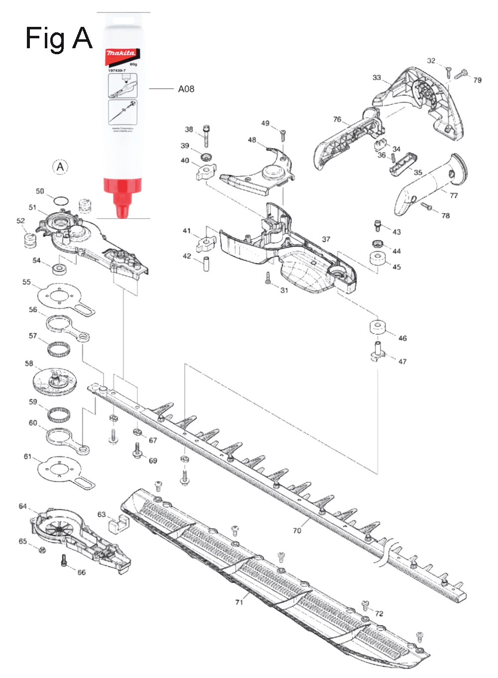 Fig-1 Diagram and Parts List for GHU05Z  Makita Hedge Trimmer
