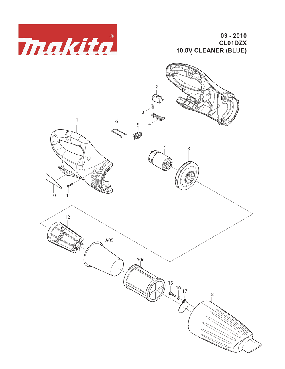 Page 1 Diagram and Parts List for CL01DZX  Makita Leaf Blower / Vacuum