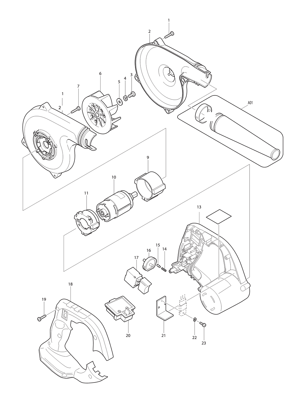 Page 1 Diagram and Parts List for BUB180F Type 1 Makita Leaf Blower / Vacuum