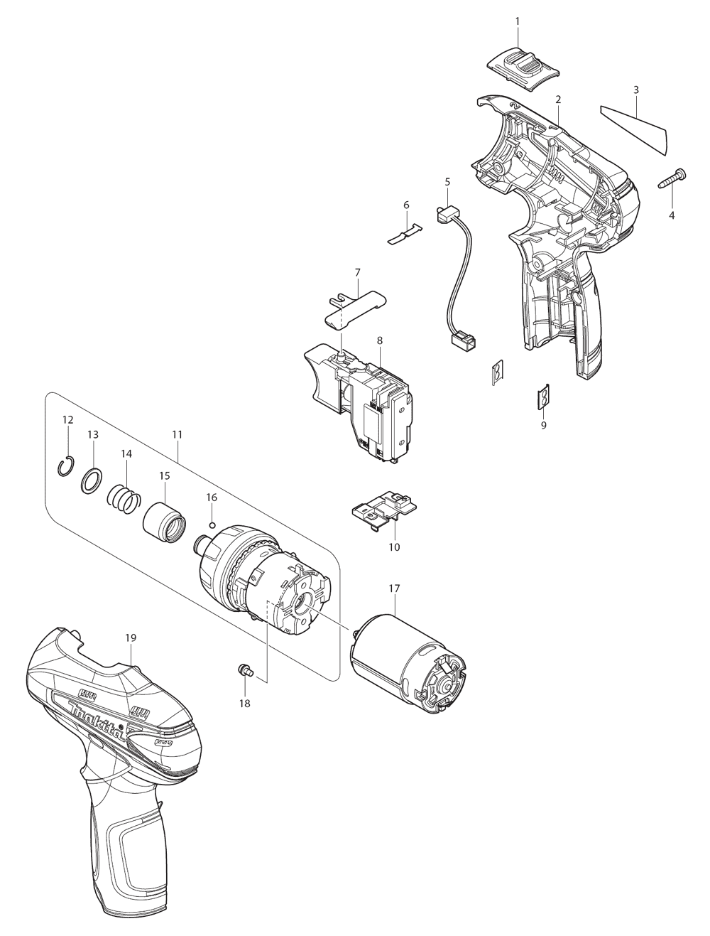 Page 1 Diagram and Parts List for DF030DWE  Makita Screwdriver