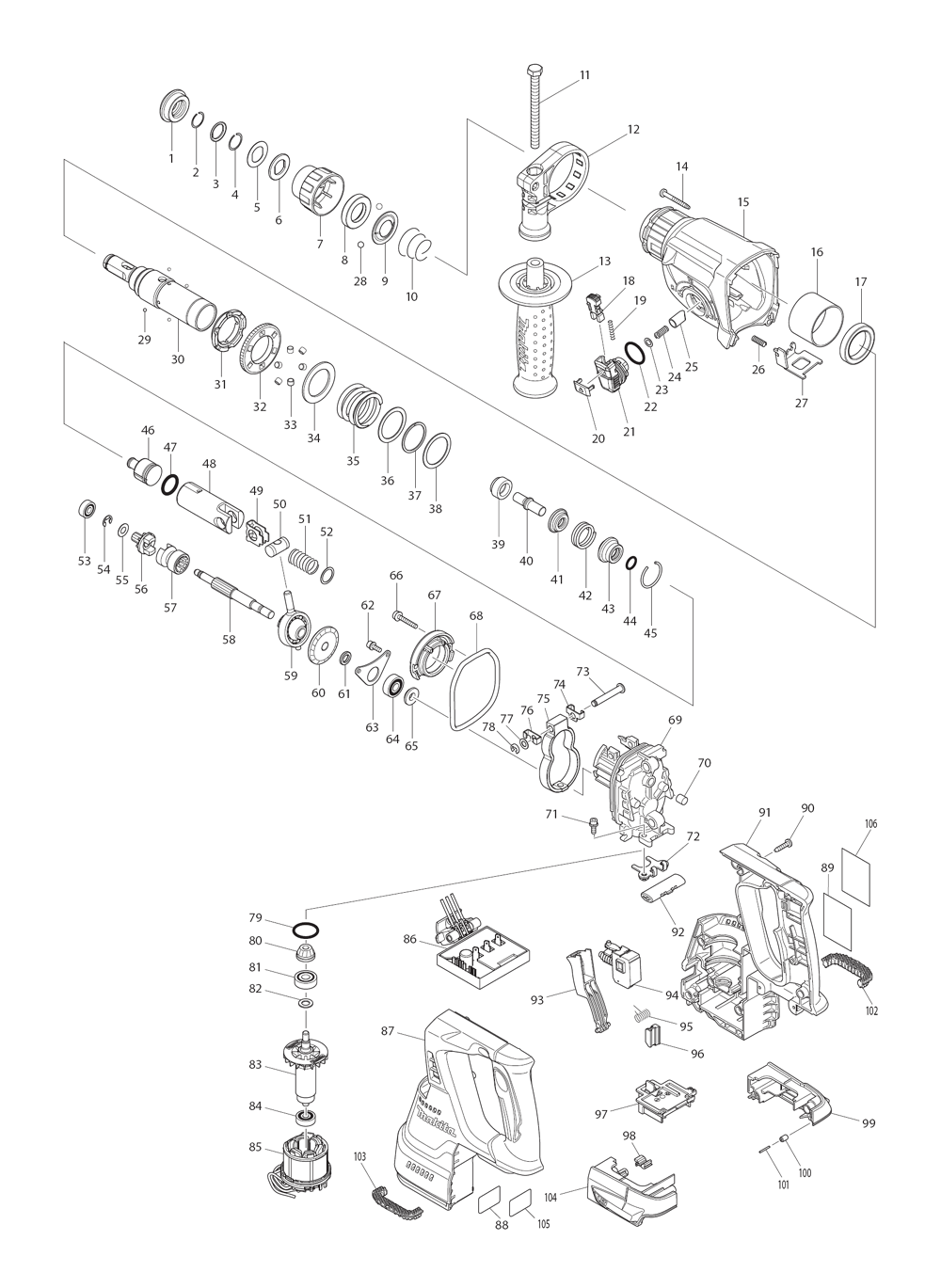 Page 1 Diagram and Parts List for XRH011X  Makita Hammer