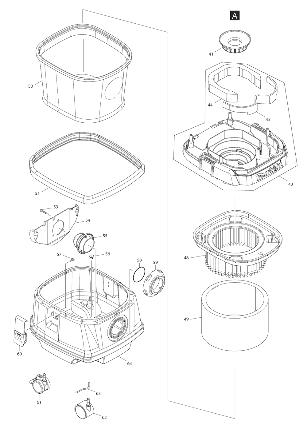 Fig-1 Diagram and Parts List for XCV21ZX  Makita Canister Vacuum
