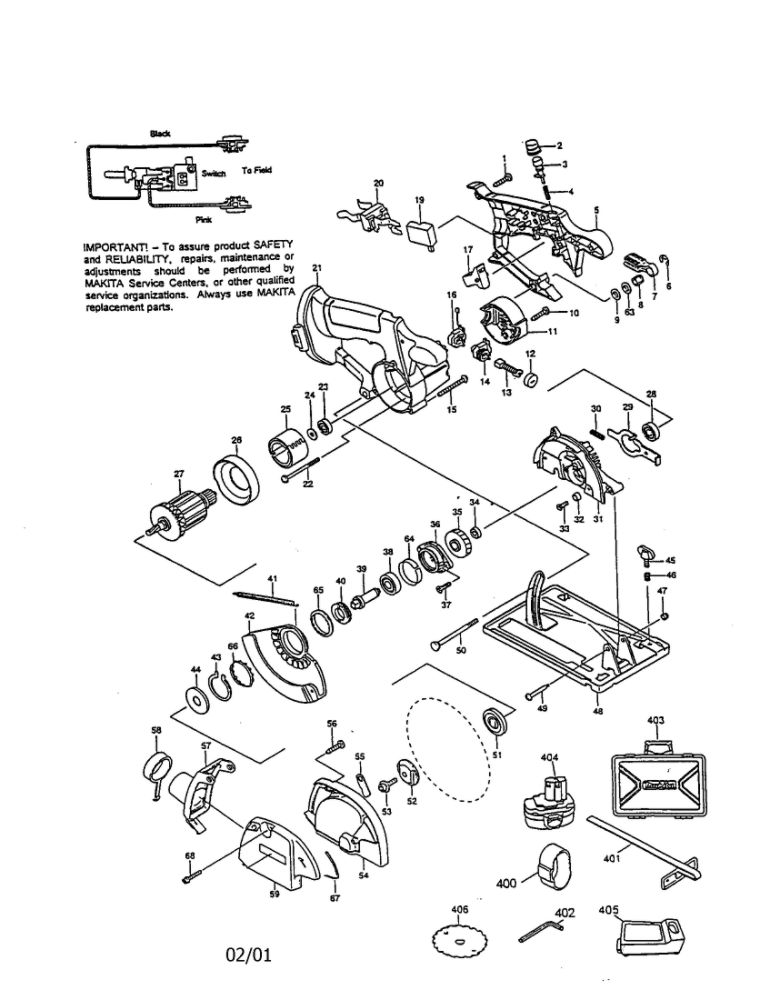 Cordless Circular Saw Diagram and Parts List for 5046DWB  Makita Circular Saw