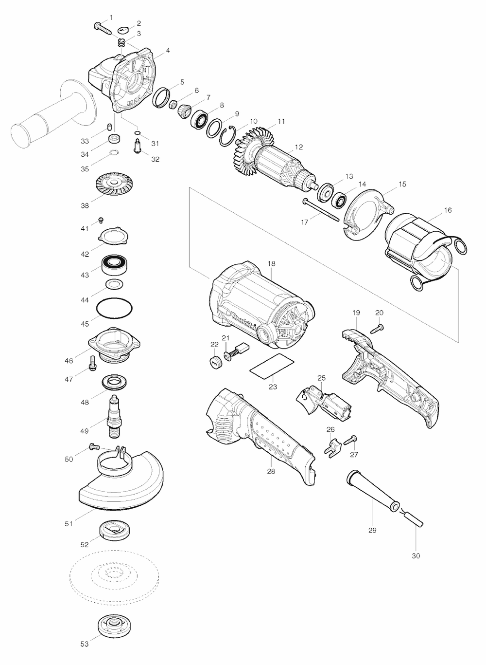 Page 1 Diagram and Parts List for GA5010  Makita Grinder