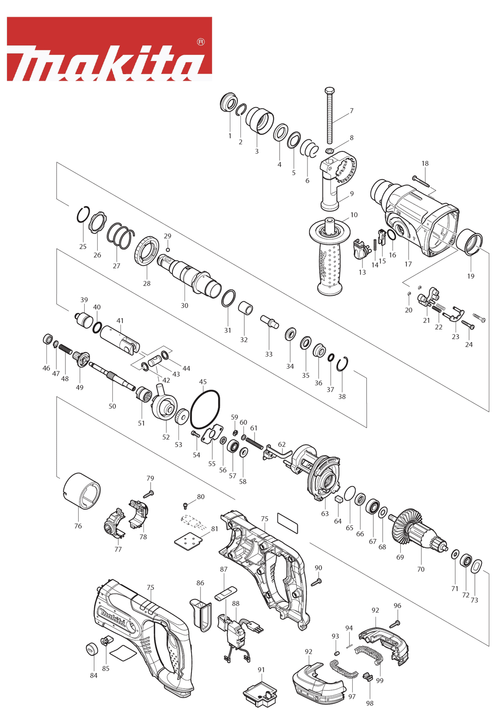 Page 1 Diagram and Parts List for BHR241F Type 3 Makita Hammer