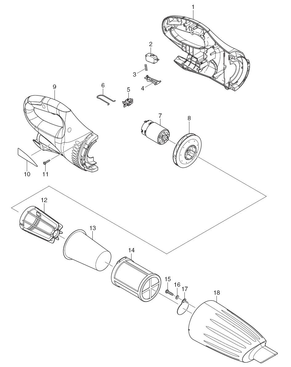 Page 1 Diagram and Parts List for CL100DZ  Makita Upright Vacuum