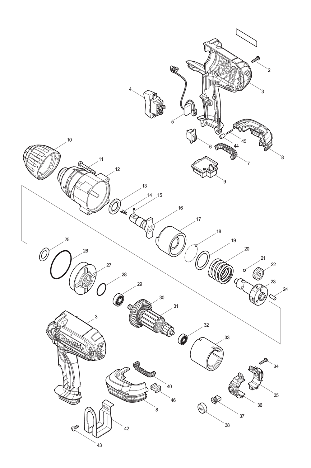 Page 1 Diagram and Parts List for BTW450FX1 Type 1 Makita Drill