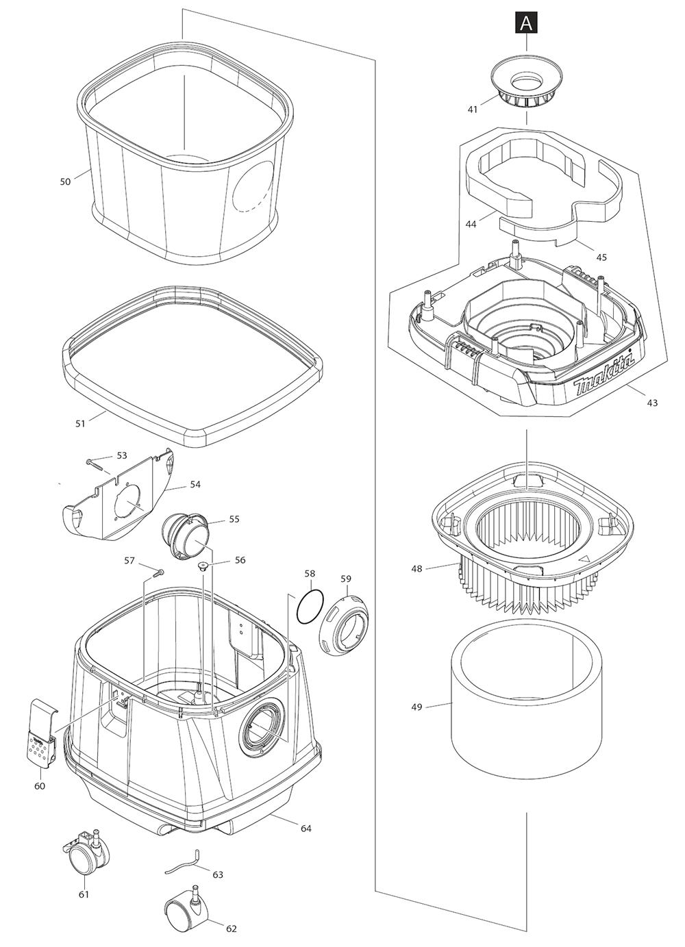 Fig-1 Diagram and Parts List for XCV24ZX  Makita Canister Vacuum