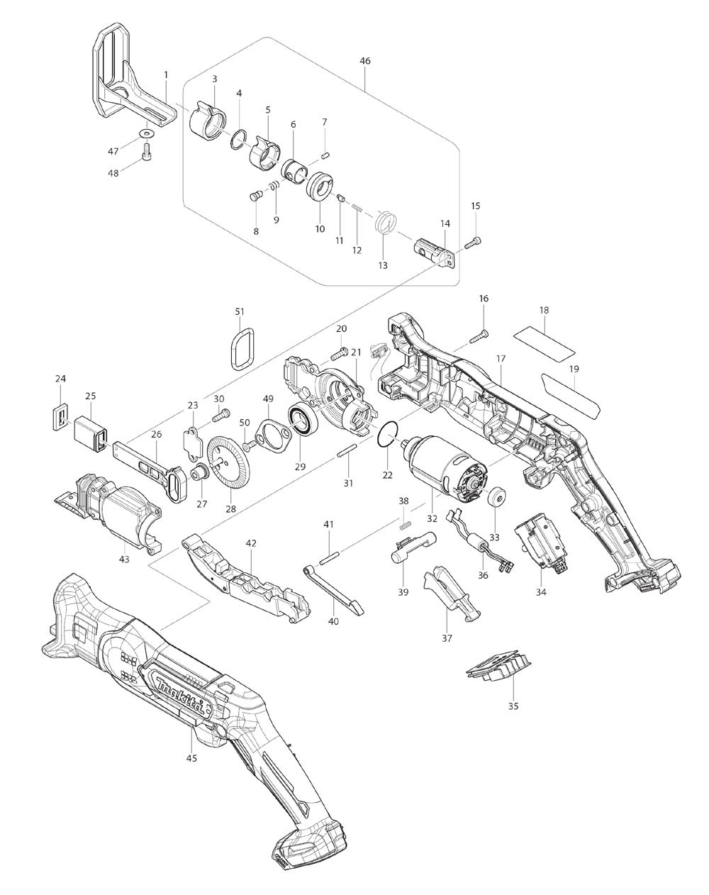 Page 1 Diagram and Parts List for RJ03R1  Makita Saw