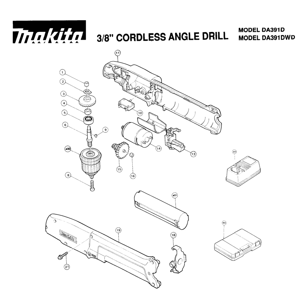 Page 1 Diagram and Parts List for DA391DWD  Makita Drill