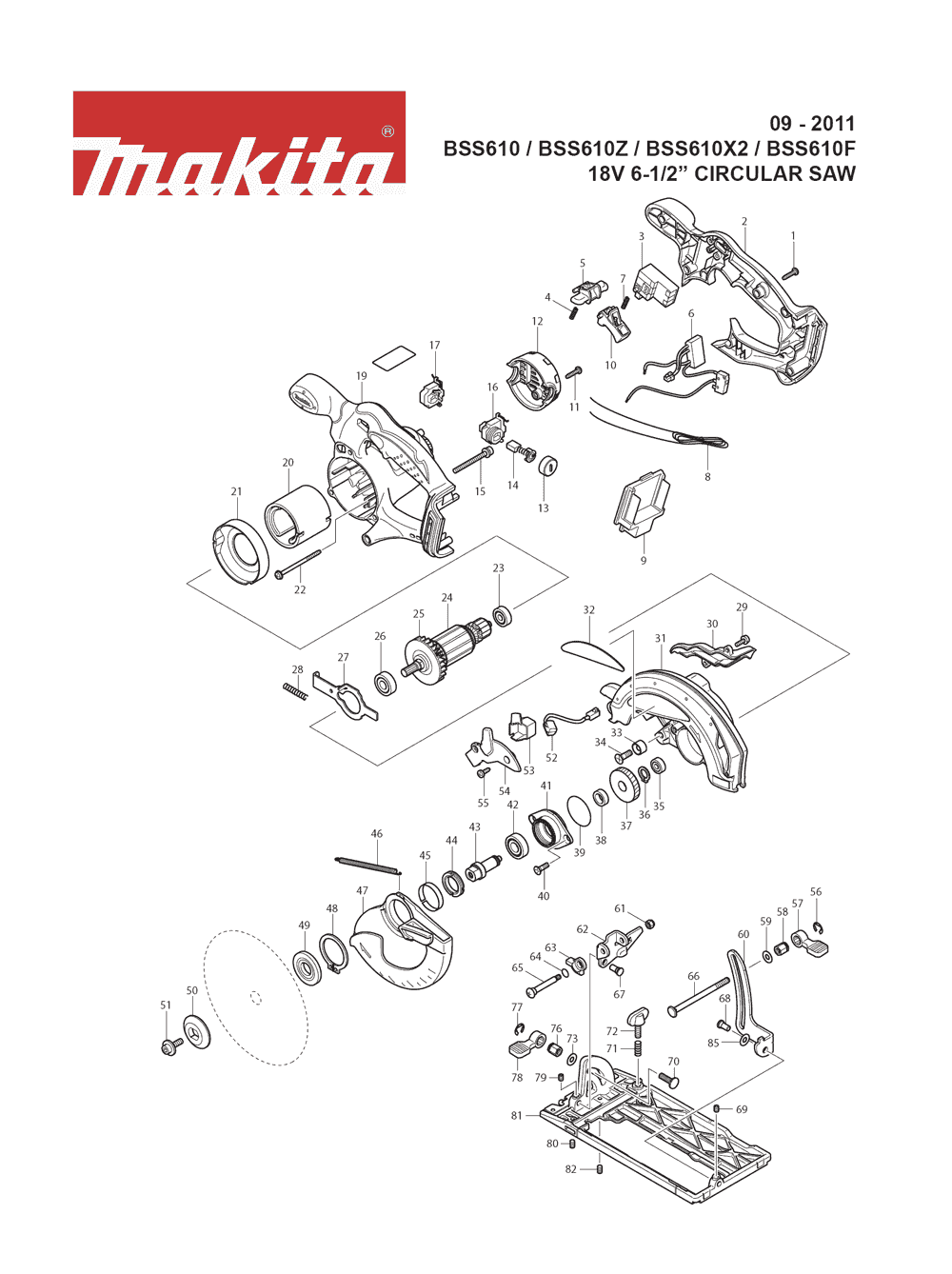 Page 1 Diagram and Parts List for BSS610F Type 3 Makita Saw