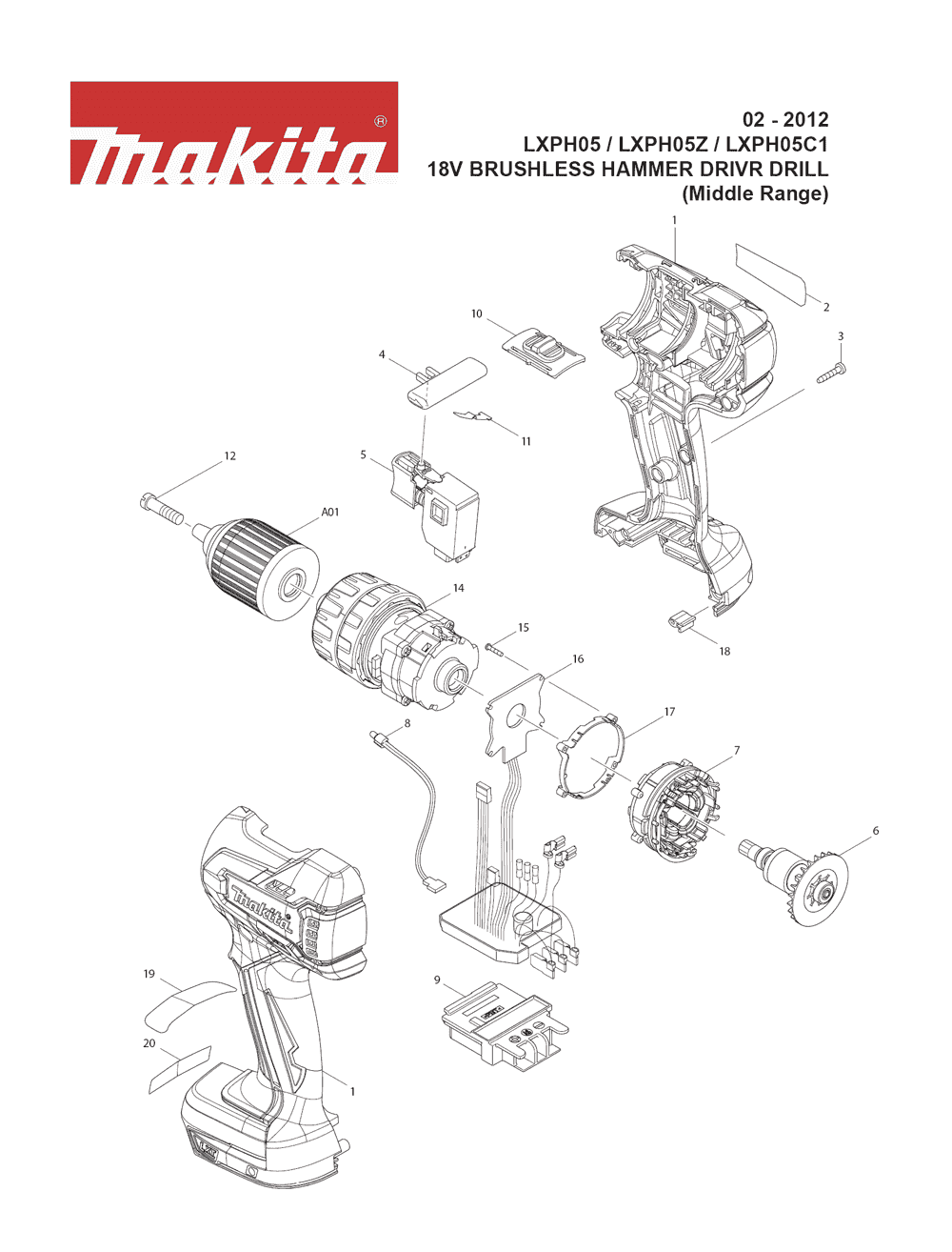 Page 1 Diagram and Parts List for LXPH05C1 Type 1 Makita Drill
