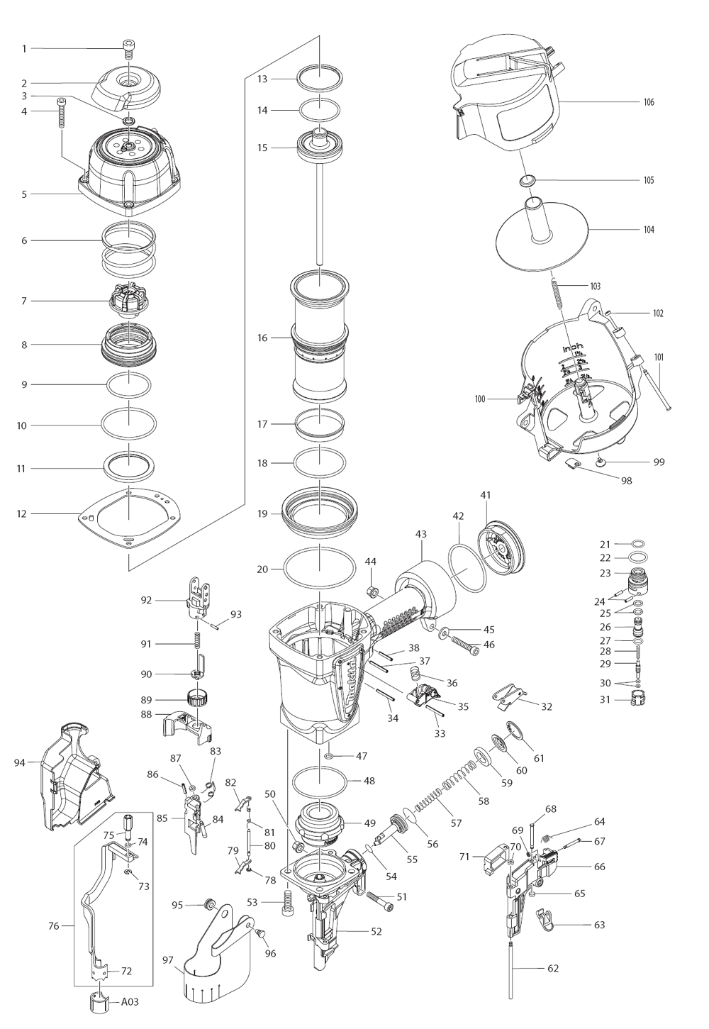 Page 1 Diagram and Parts List for AN902  Makita Nailer