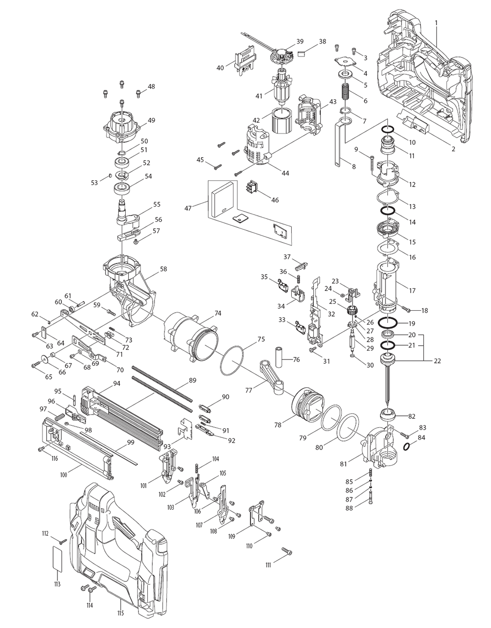 Page 1 Diagram and Parts List for XNB01Z  Makita Nailer