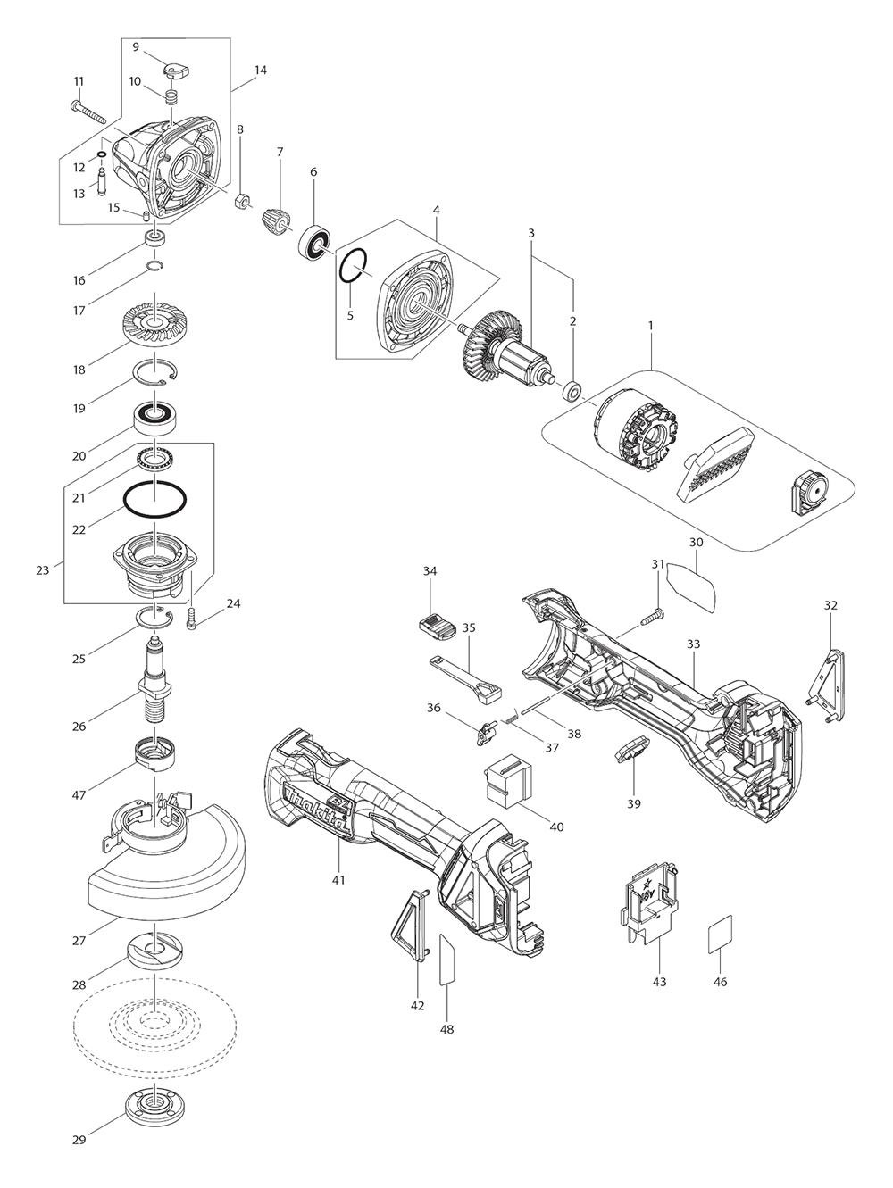 Page 1 Diagram and Parts List for XAG16Z  Makita Grinder