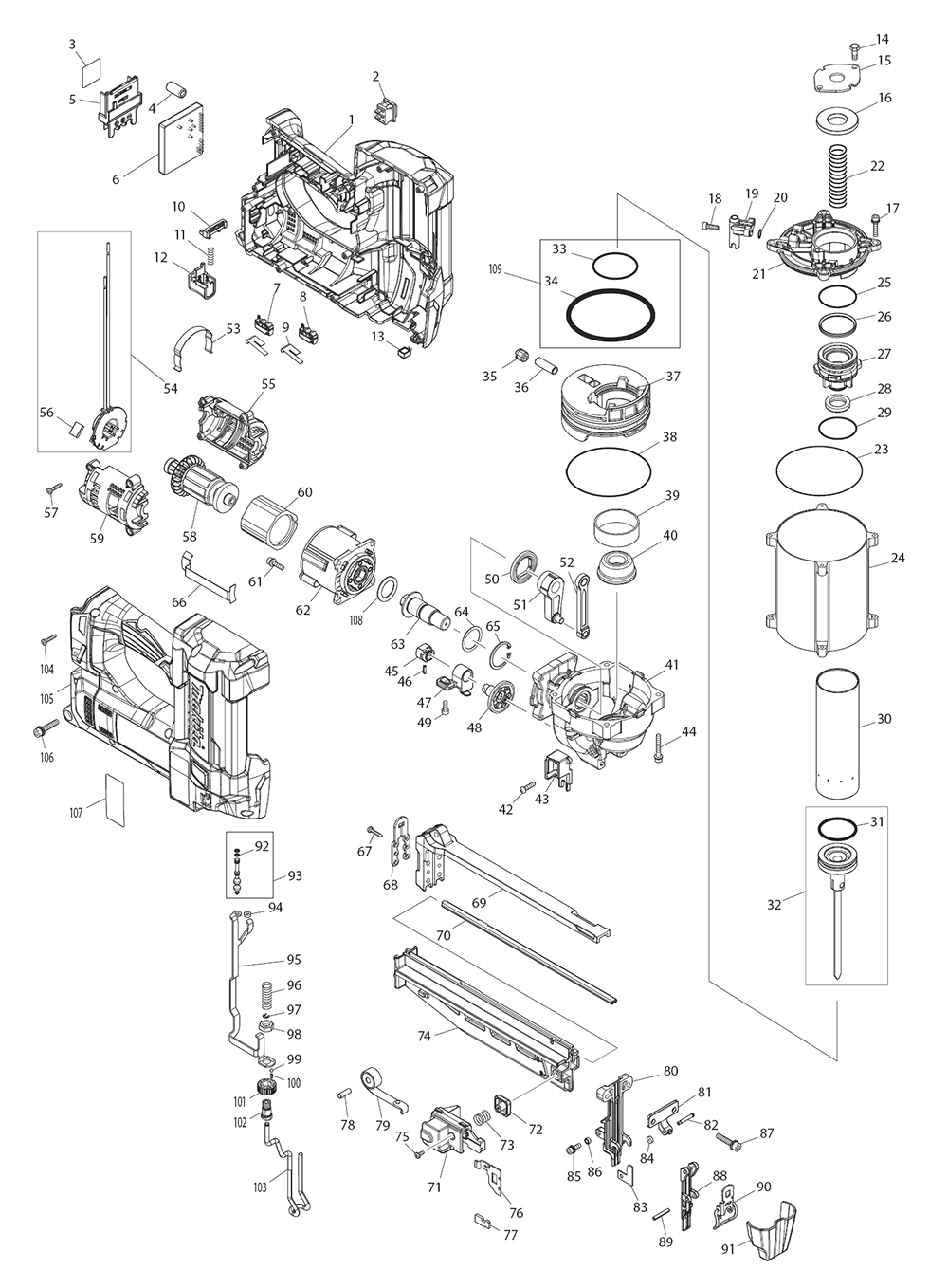 Page 1 Diagram and Parts List for XNB02Z  Makita Nailer