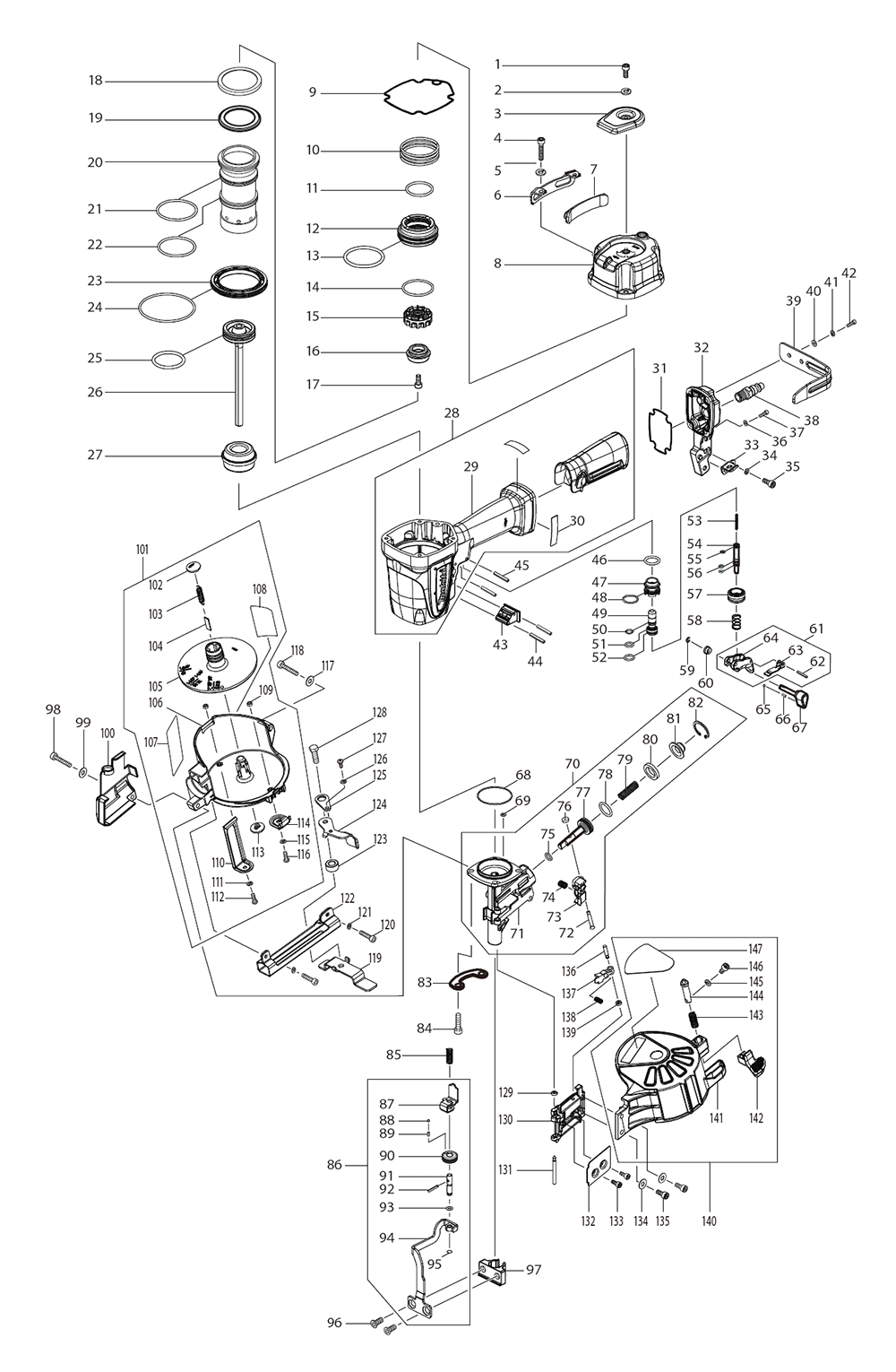 Page 1 Diagram and Parts List for AN454  Makita Nailer