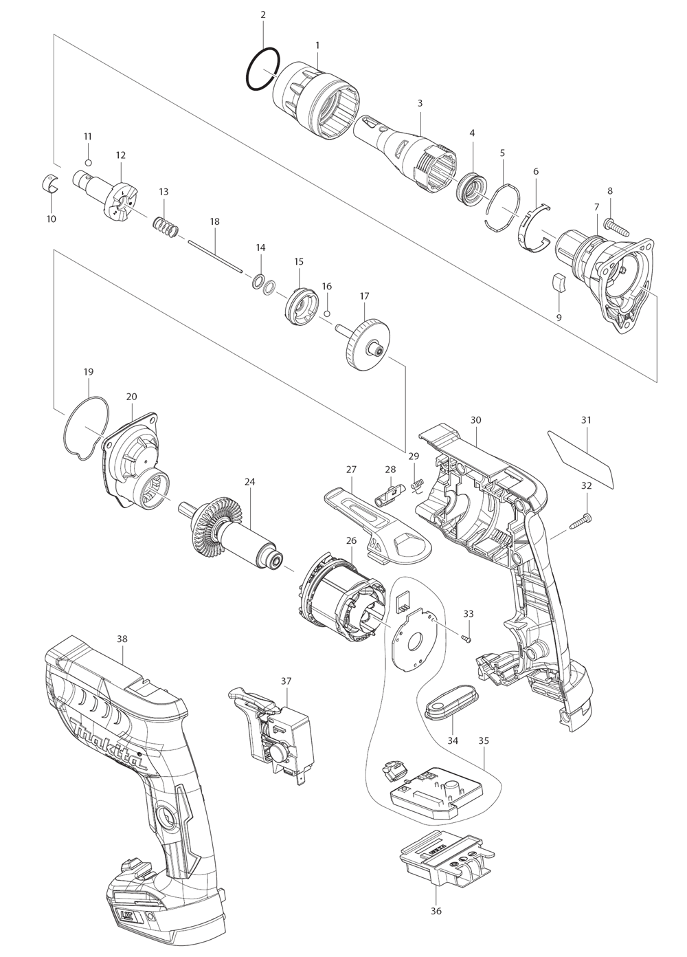 Page 1 Diagram and Parts List for XSF03M  Makita Screwdriver