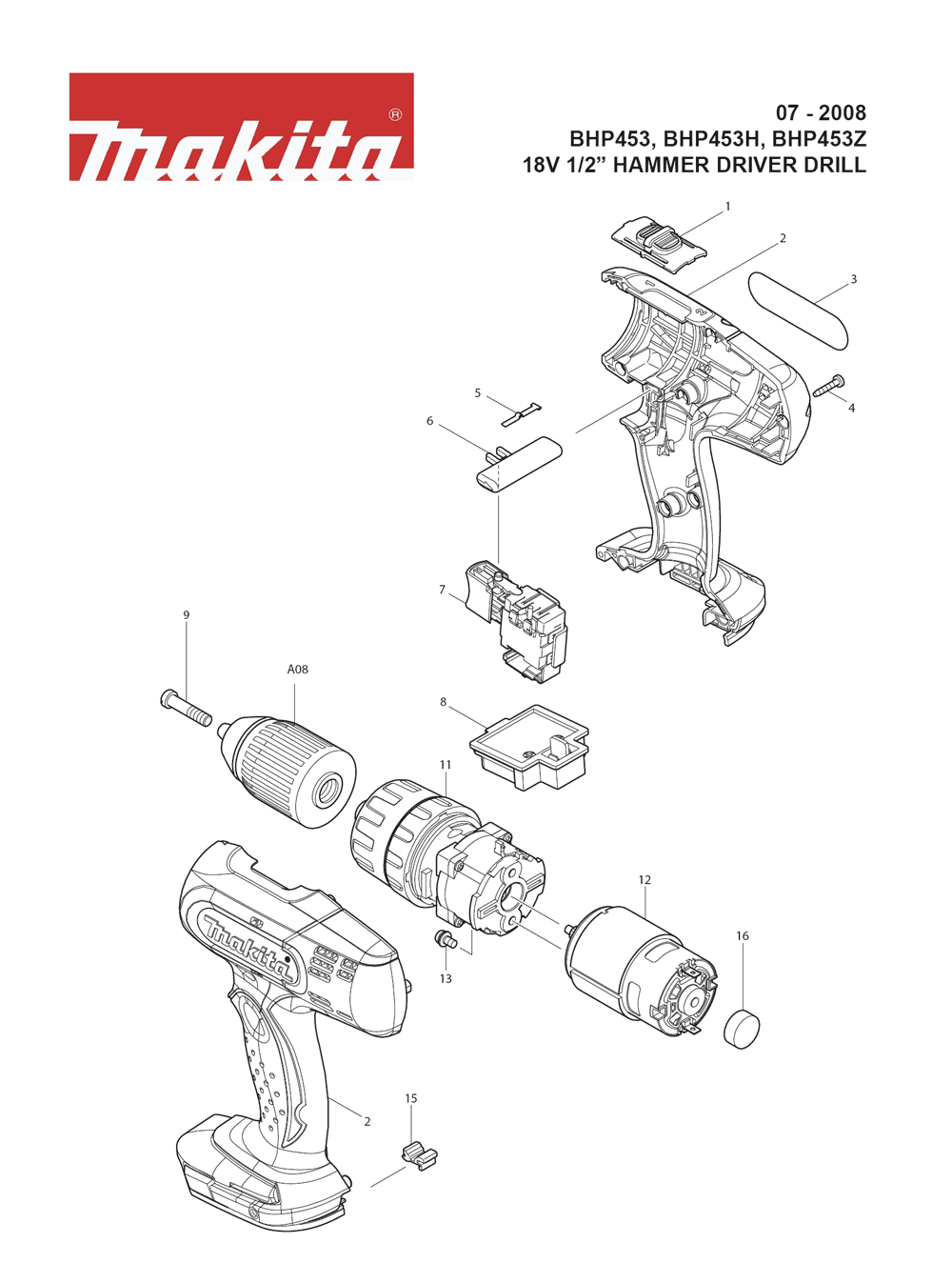 Page 1 Diagram and Parts List for BHP453 Type 1 Makita Drill