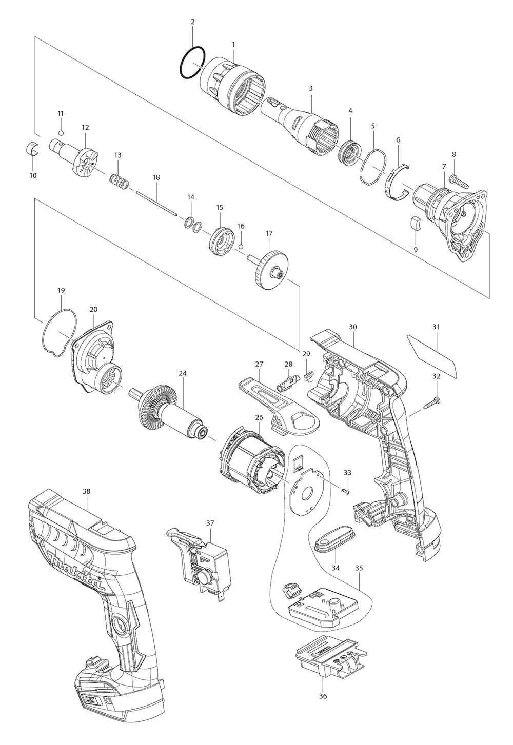 Page 1 Diagram and Parts List for XSF03R  Makita Screwdriver