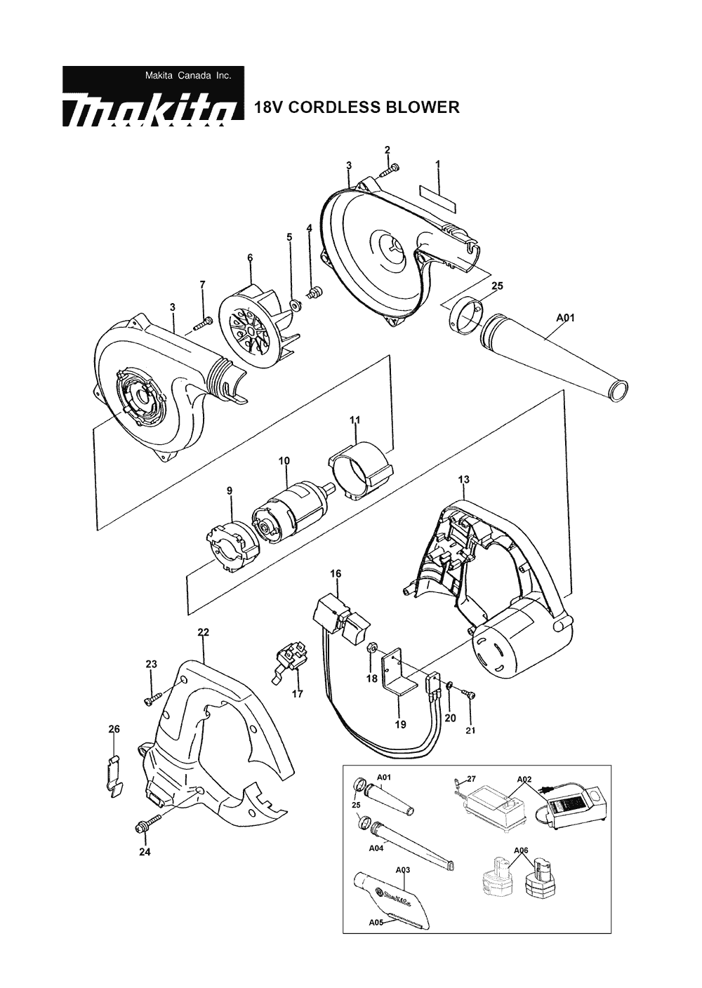 Page 1 Diagram and Parts List for UB181D-R  Makita Leaf Blower / Vacuum