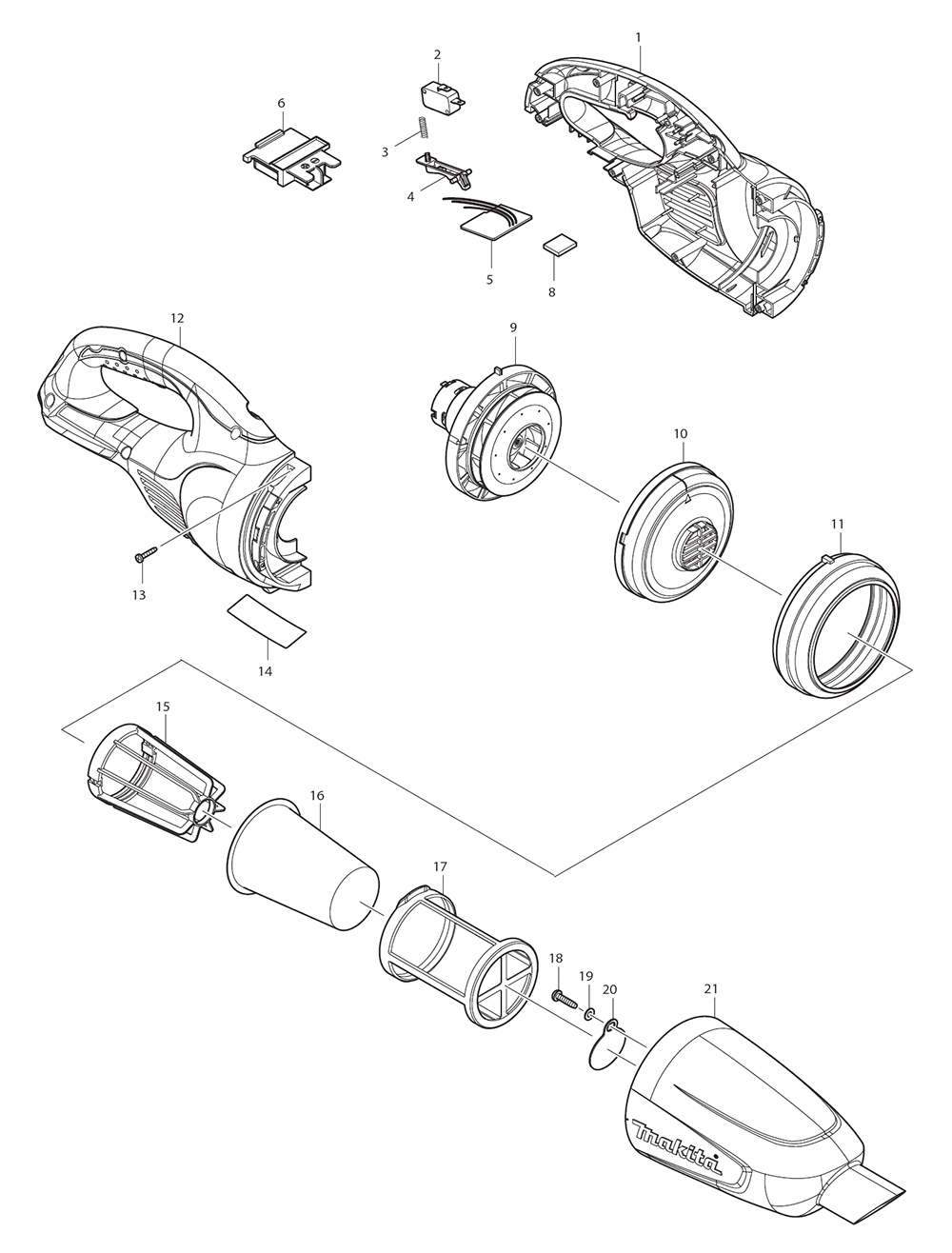 Page 1 Diagram and Parts List for XLC02ZB  Makita Upright Vacuum