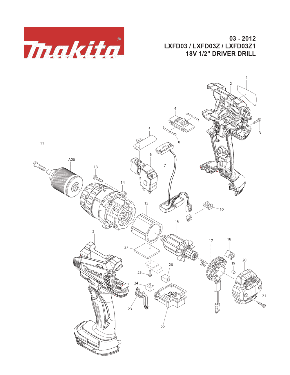 Page 1 Diagram and Parts List for LXFD03Z1 Type 1 Makita Drill