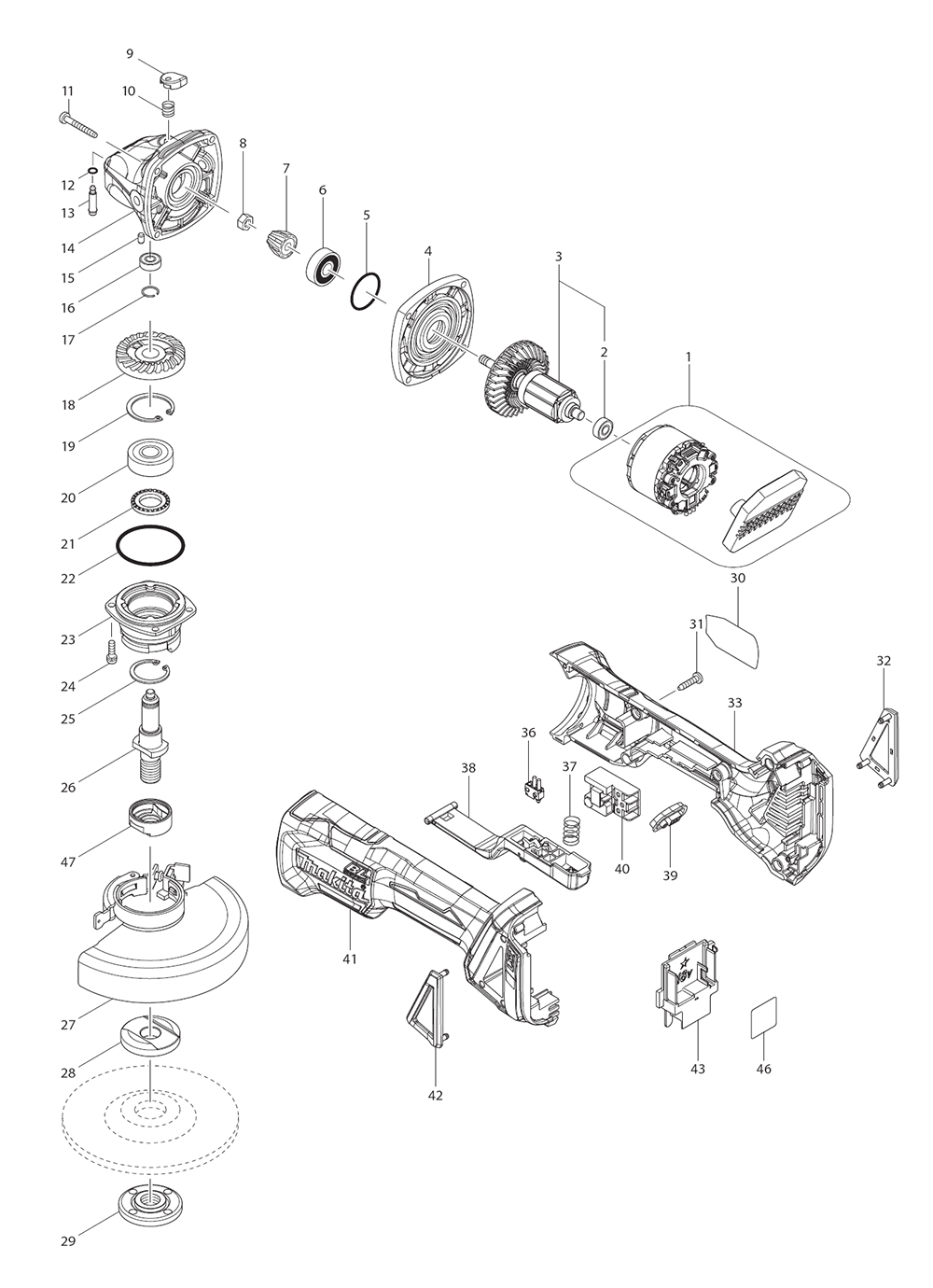 Page 1 Diagram and Parts List for XAG11Z  Makita Grinder