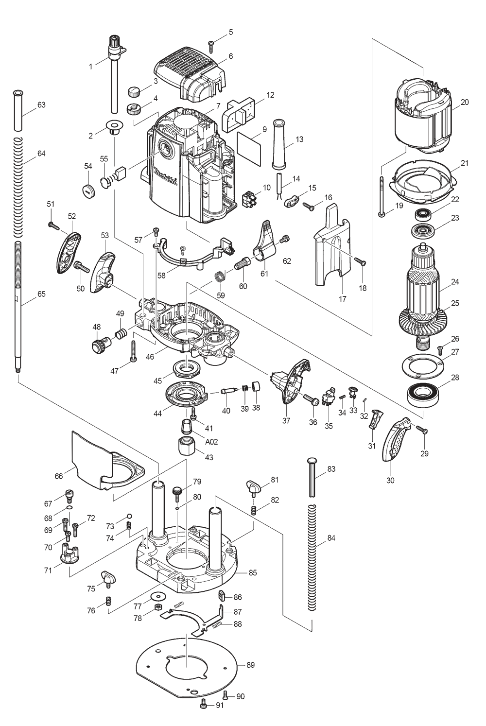 Page 1 Diagram and Parts List for RP1801F Type 2 Makita Router