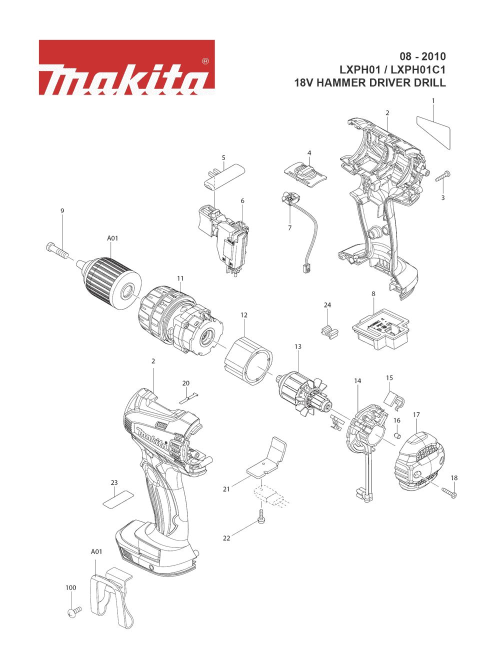 Page 1 Diagram and Parts List for LXPH01C1 Type 1 Makita Drill