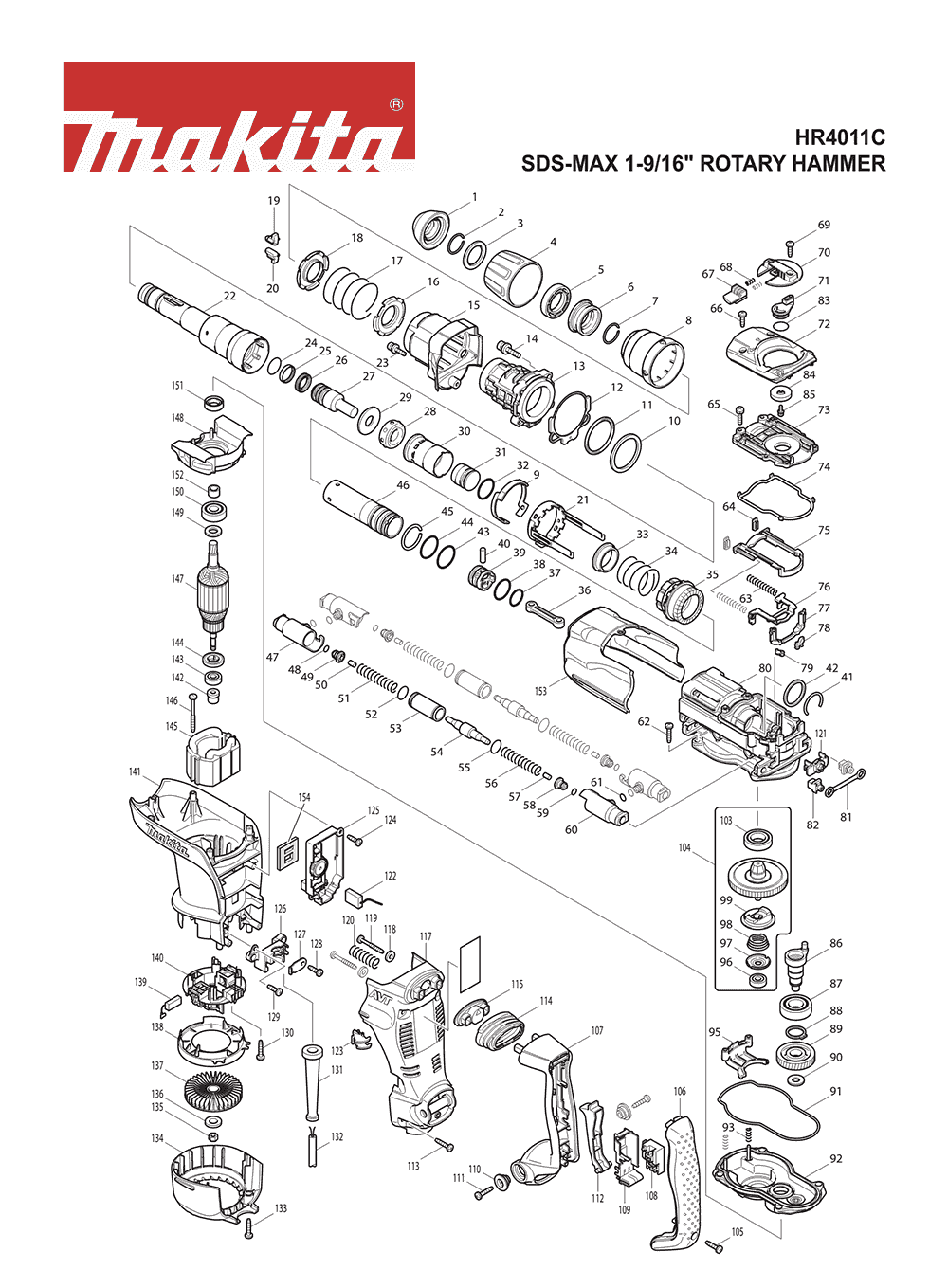 Page 1 Diagram and Parts List for HR4011C Type 1 Makita Hammer