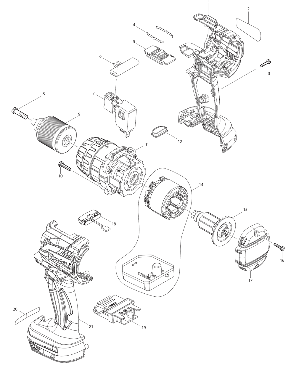 Page 1 Diagram and Parts List for XFD07  Makita Drill