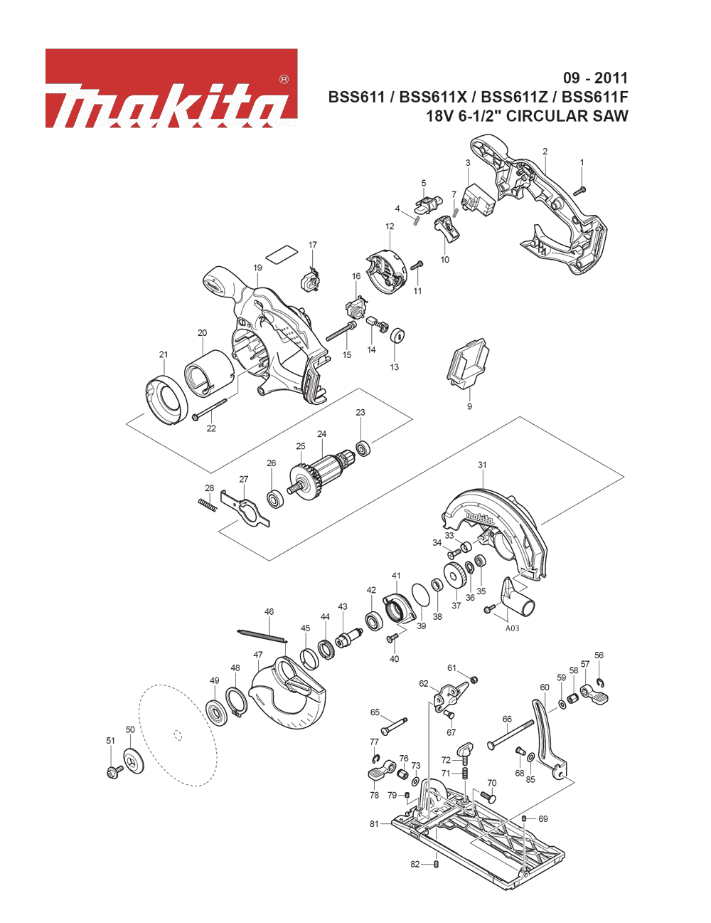 Page 1 Diagram and Parts List for BSS611F Type 3 Makita Saw