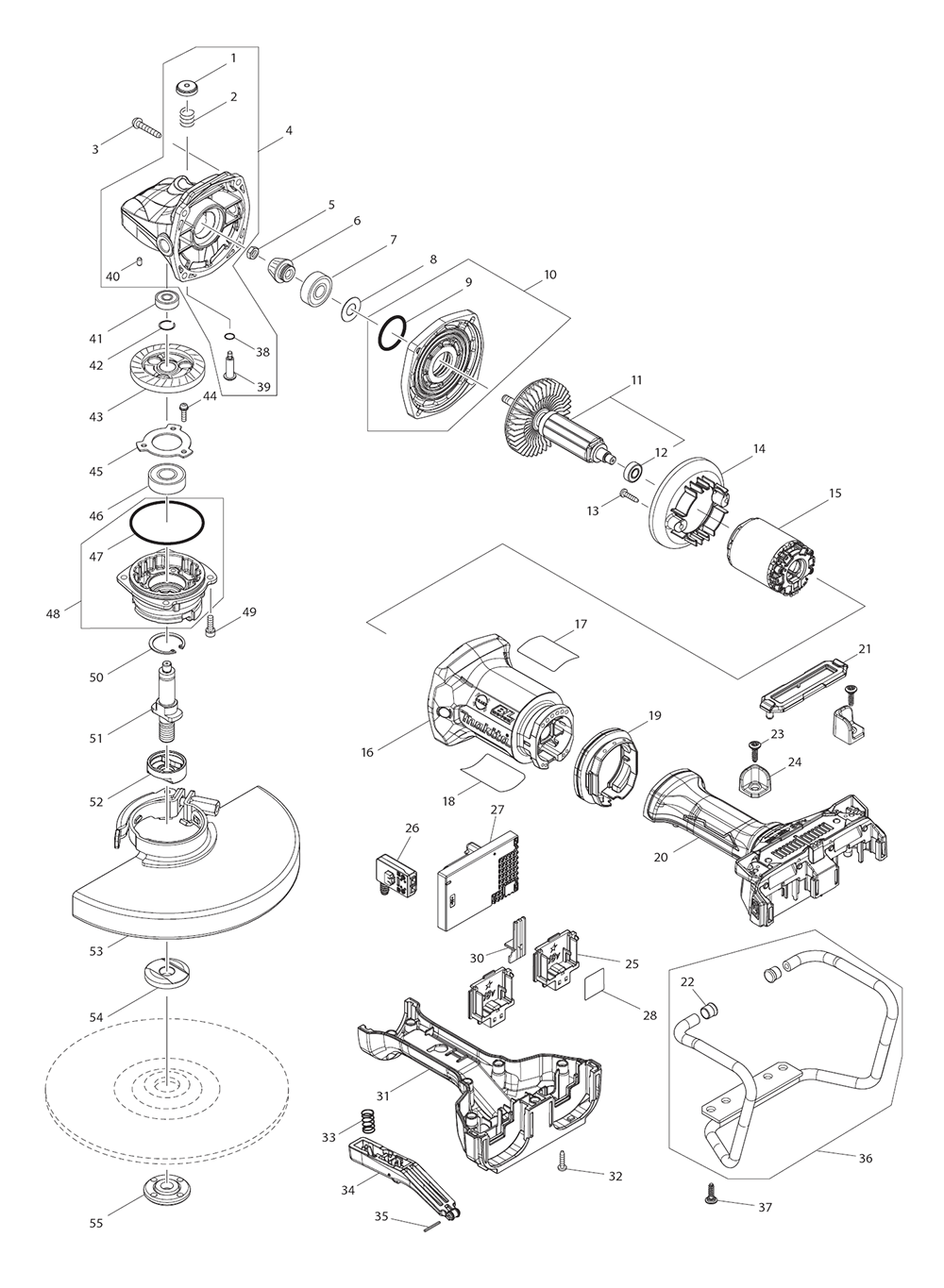 Page 1 Diagram and Parts List for XAG13PT1  Makita Grinder