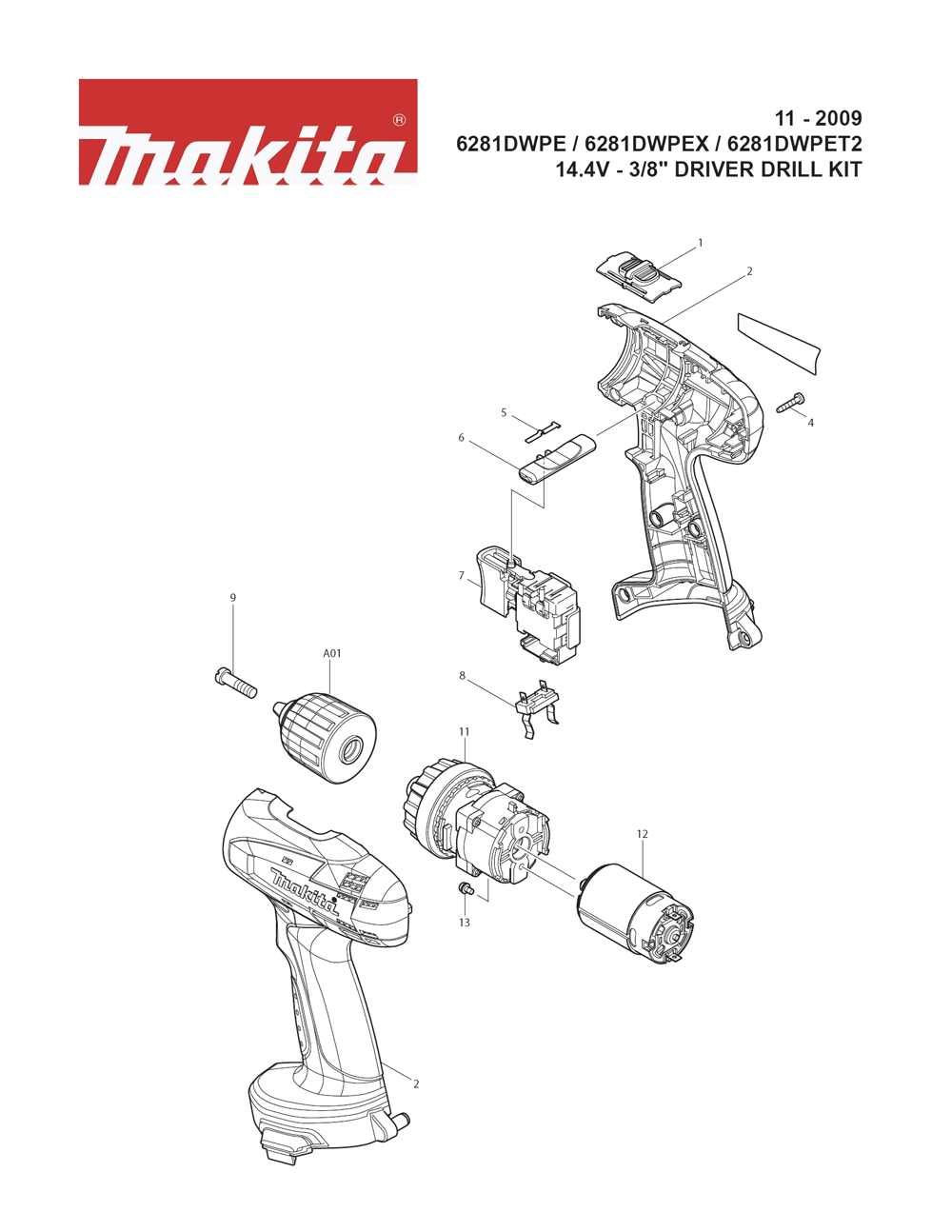 Page 1 Diagram and Parts List for 6281DWPEX Type 1 Makita Drill