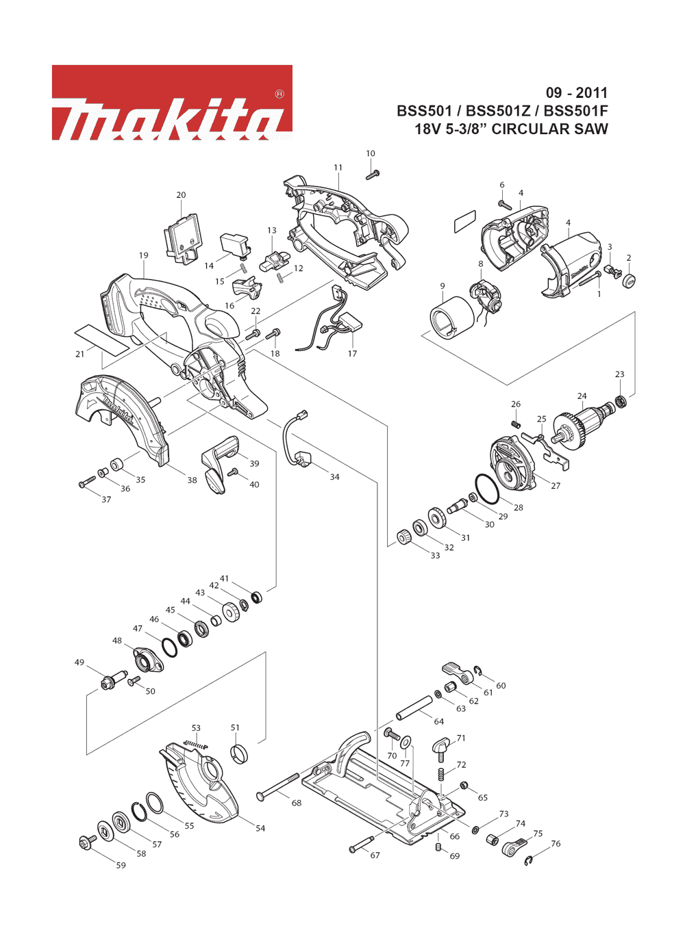 Page 1 Diagram and Parts List for BSS501Z Type 1 Makita Saw