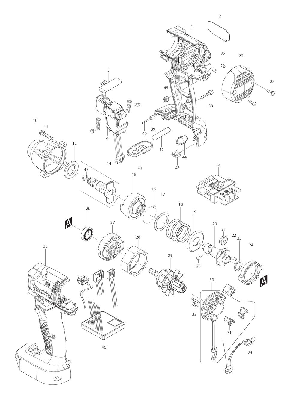 Page 1 Diagram and Parts List for BTW104Z  Makita Drill