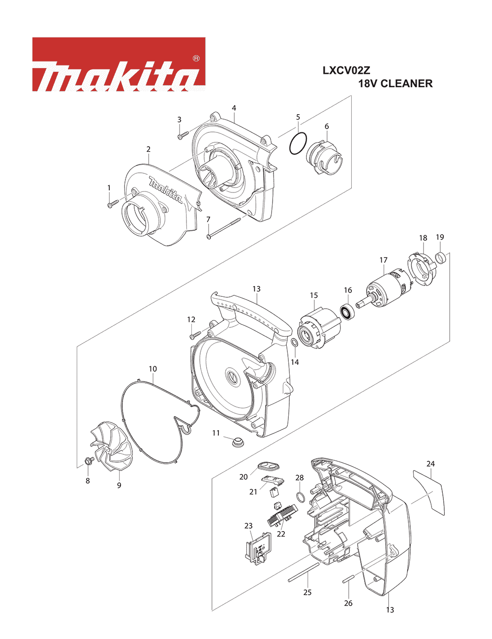 Page 1 Diagram and Parts List for LXCV02Z Type 1 Makita Upright Vacuum