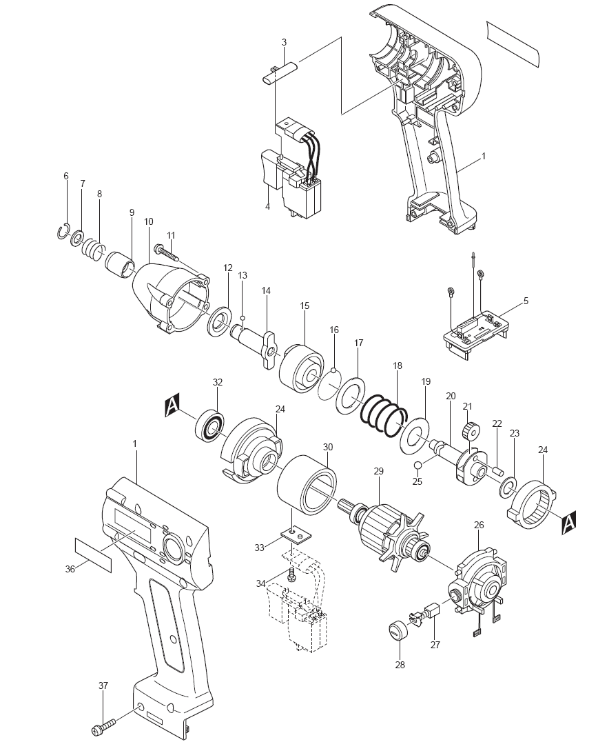 Page 1 Diagram and Parts List for BTD060Z  Makita Drill