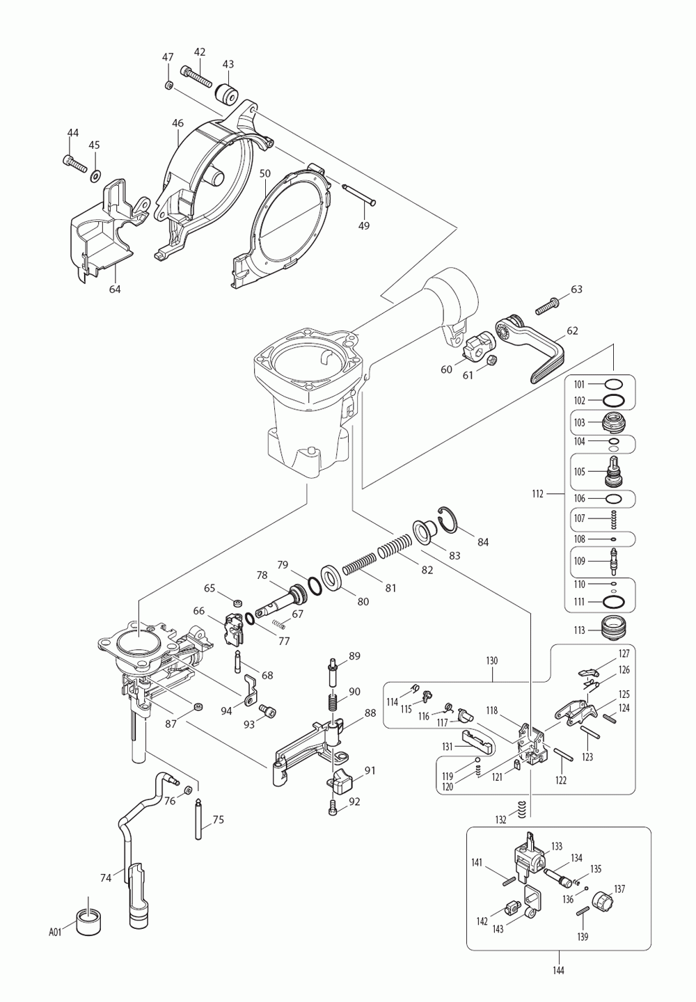 Page 1 Diagram and Parts List for AN250HC Type 2 Makita Nailer