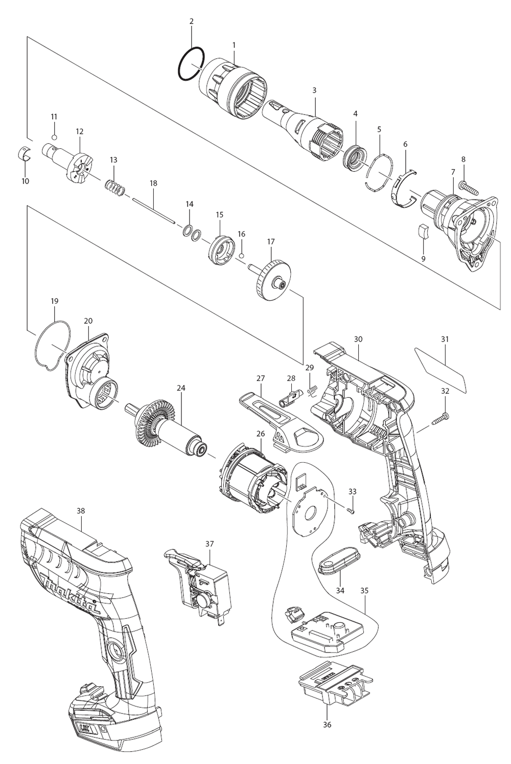 Fig-0 Diagram and Parts List for XSF03TX2  Makita Screwdriver